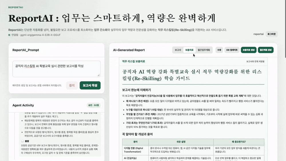 ReportAI 월간 업무계획 화면